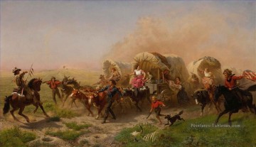 INDIANS ATTACKING A WAGON TRAIN Emanuel Leutze Peinture à l'huile